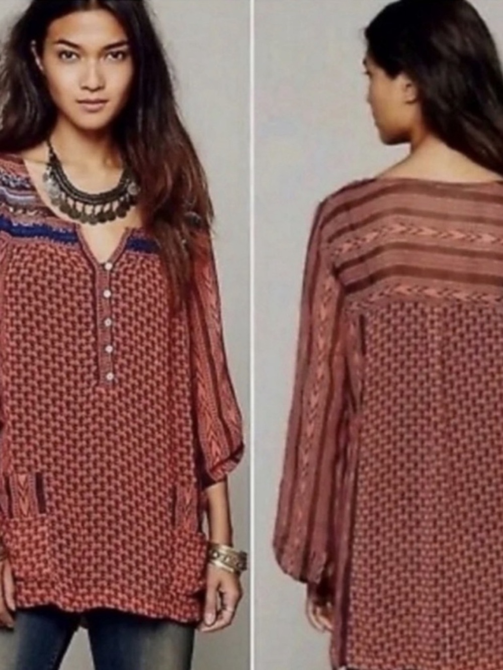 Free People Beaded Chiffon Tunic Long Sleeve M